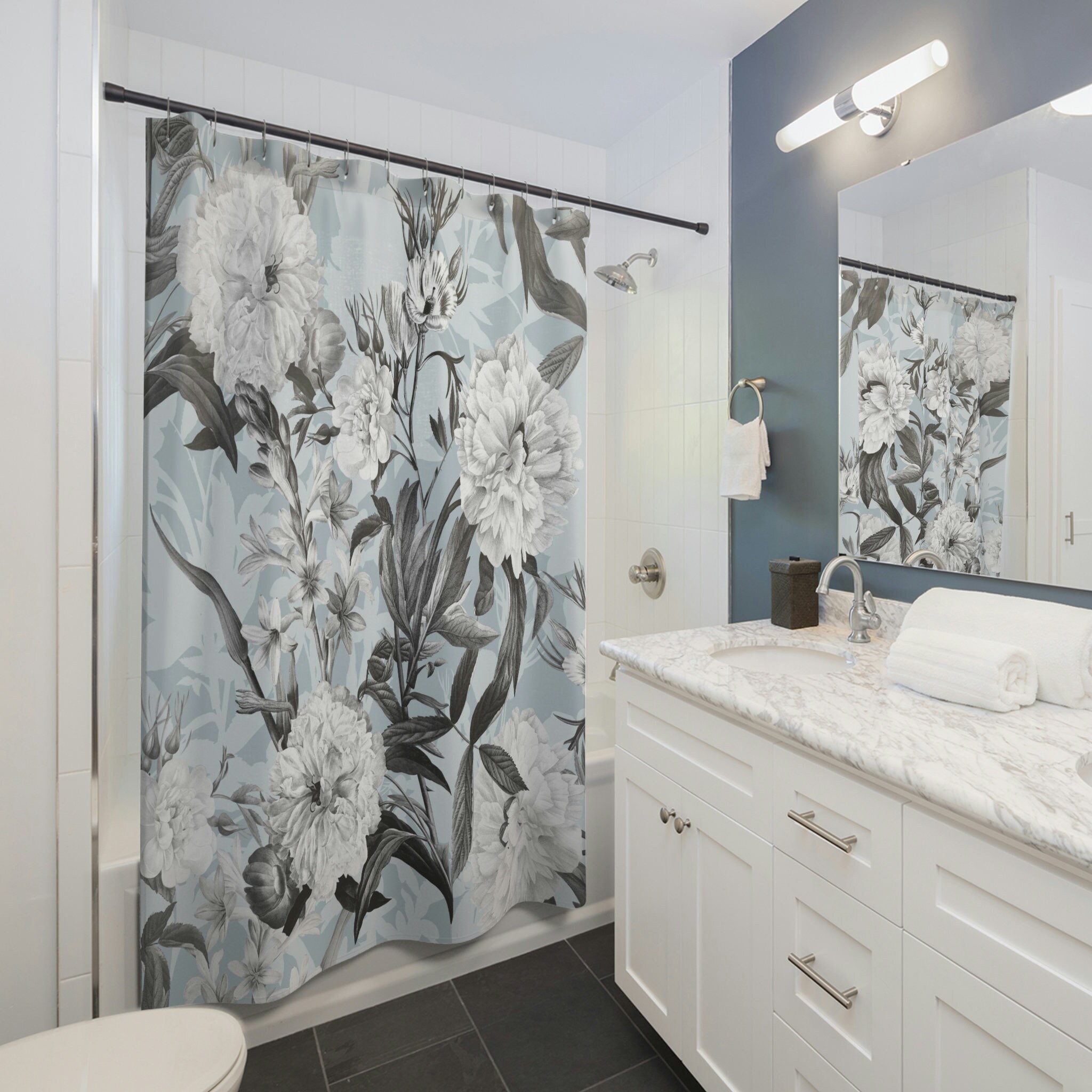 Vintage Floral Shower Curtain, Retro Bathroom Accessory, Botanical Tub Curtain - Image 3