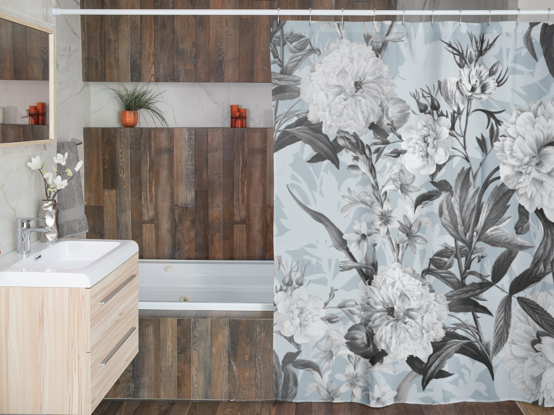 Vintage Floral Shower Curtain, Retro Bathroom Accessory, Botanical Tub Curtain - Image 4