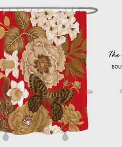Vintage Flower Butterfly Red Shower Curtain, Waterproof & Washable Shower Curtains with 12 Hooks