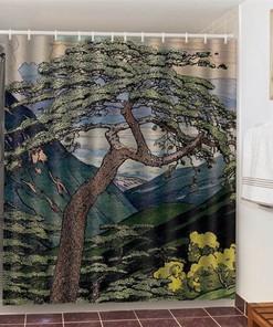 Vintage Giant Tree in the Mountain Shower Curtain, Valley Landscape Yellow Flower Green Leaves Housewarming Gift