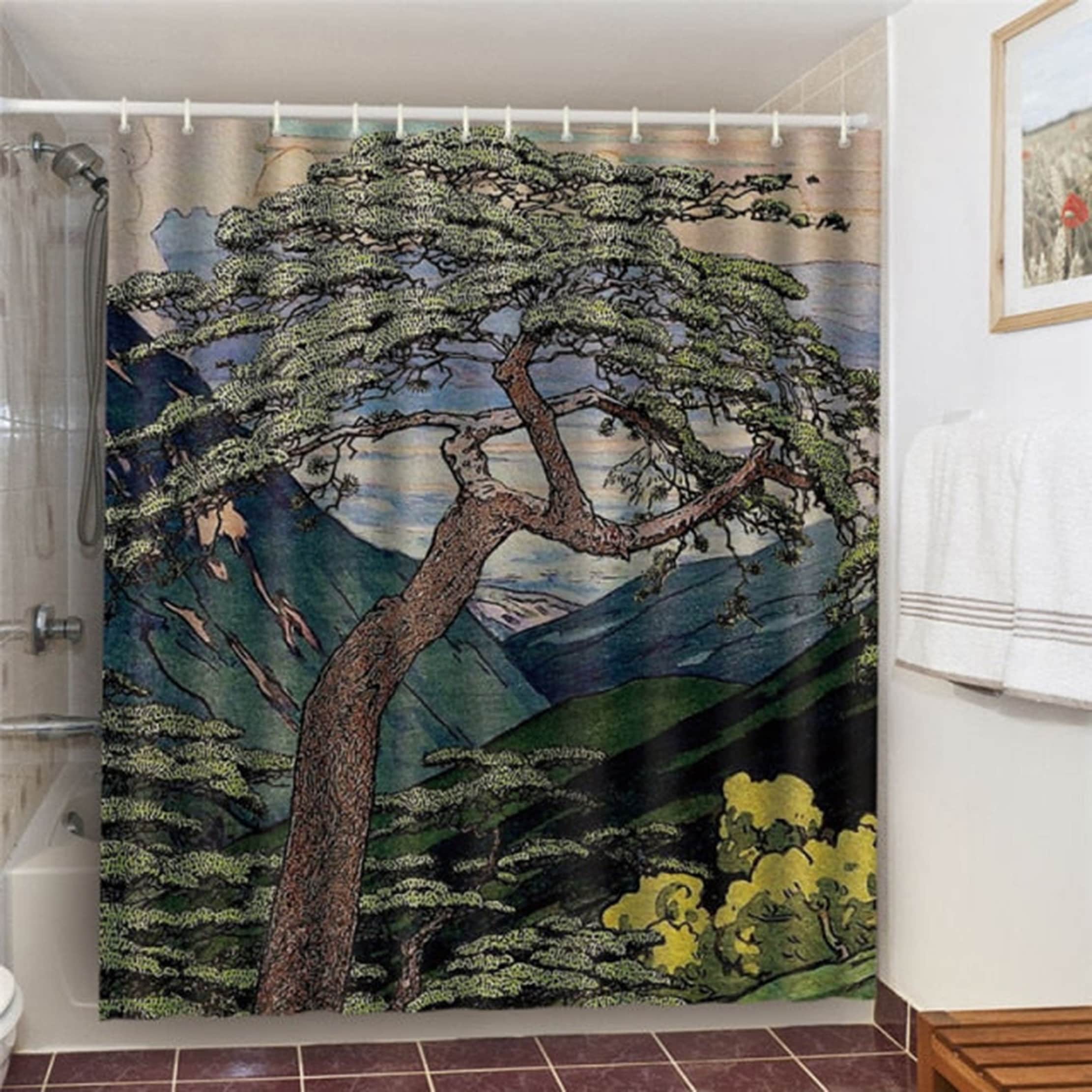 Vintage Giant Tree in the Mountain Shower Curtain, Valley Landscape Yellow Flower Green Leaves Housewarming Gift