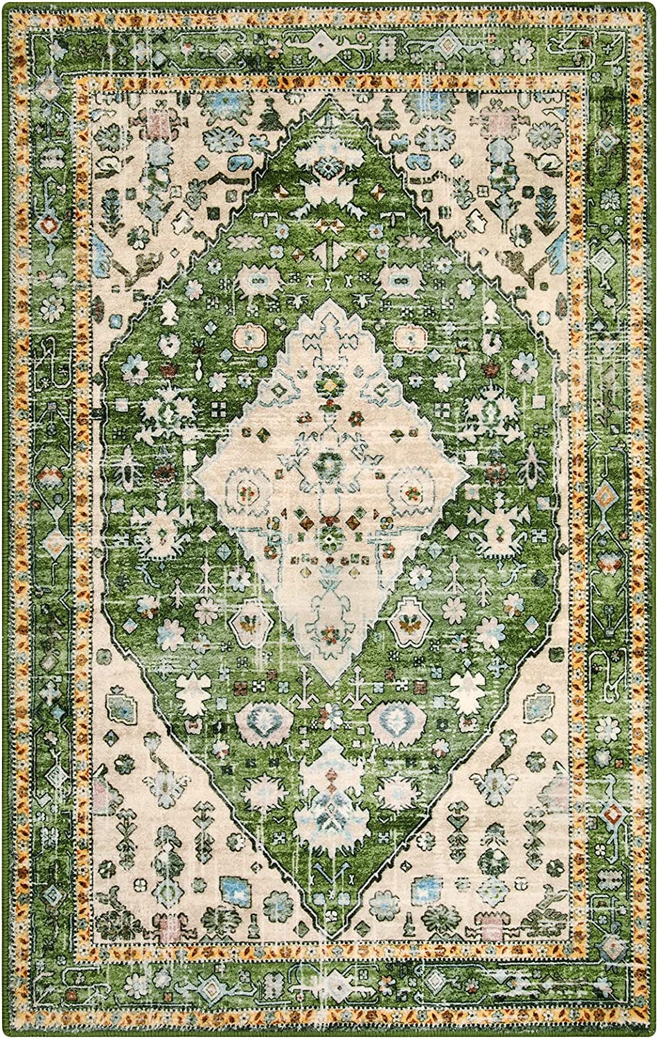 Vintage Green Bohemian Area Rug for Bedroom or Entryway - Soft Non-Slip Washable Carpet with 3D Vortex Illusion