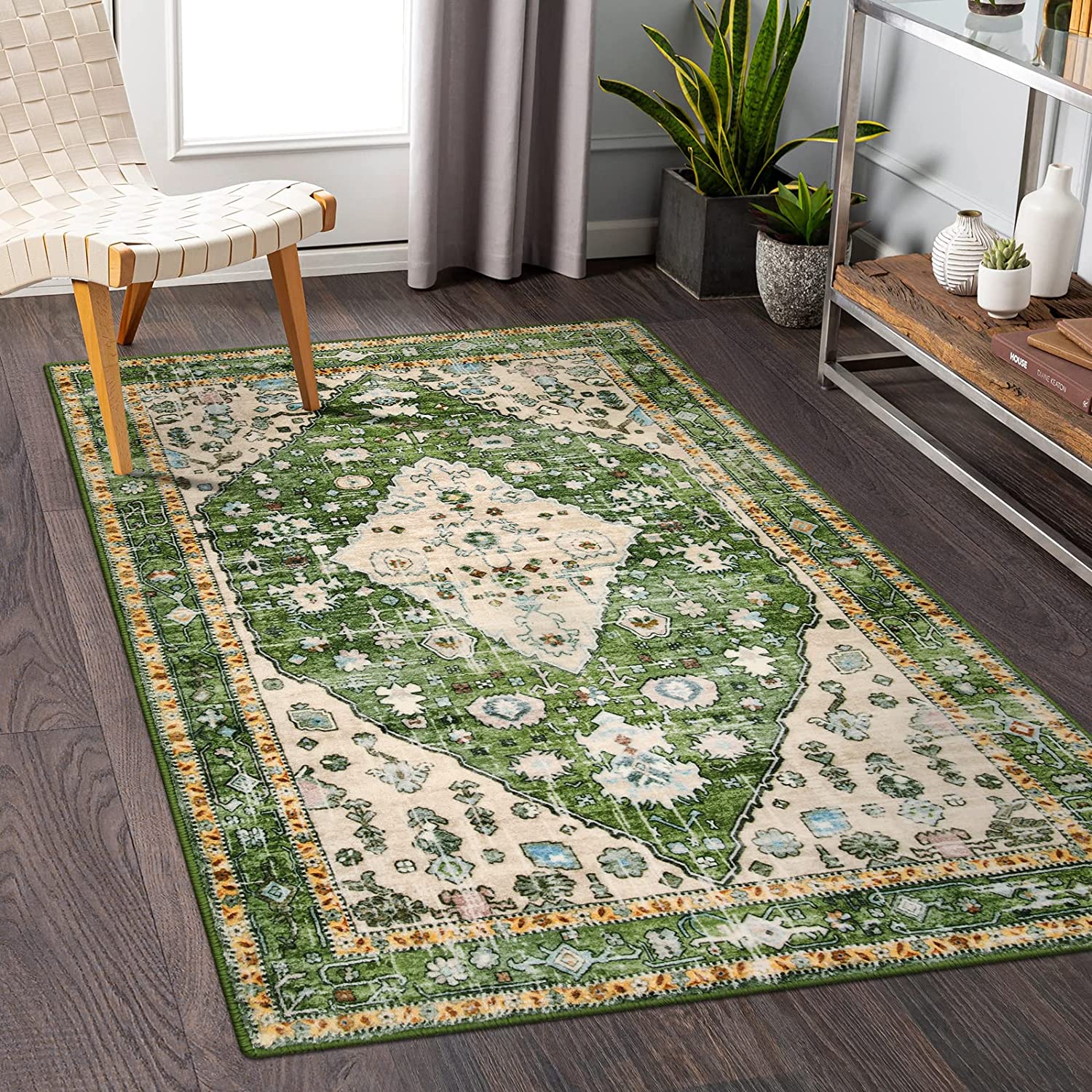 Vintage Green Bohemian Area Rug for Bedroom or Entryway - Soft Non-Slip Washable Carpet with 3D Vortex Illusion - Image 2
