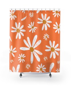 Vintage Inspired Sherbet Orange MCM Mid Mod Modern Shower Curtain with 70's Daisy Print