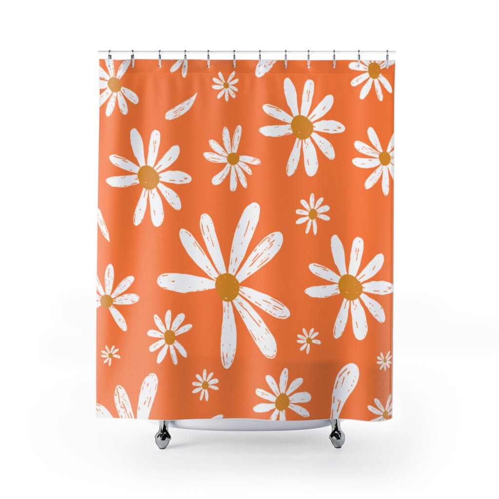 Vintage Inspired Sherbet Orange MCM Mid Mod Modern Shower Curtain with 70's Daisy Print