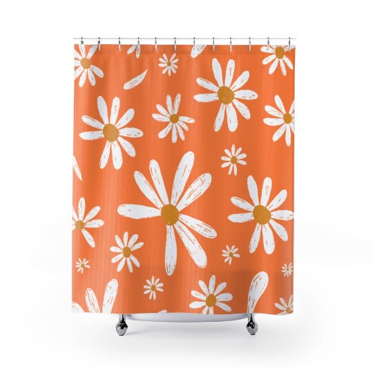 Vintage Inspired Sherbet Orange MCM Mid Mod Modern Shower Curtain with 70's Daisy Print - Image 2