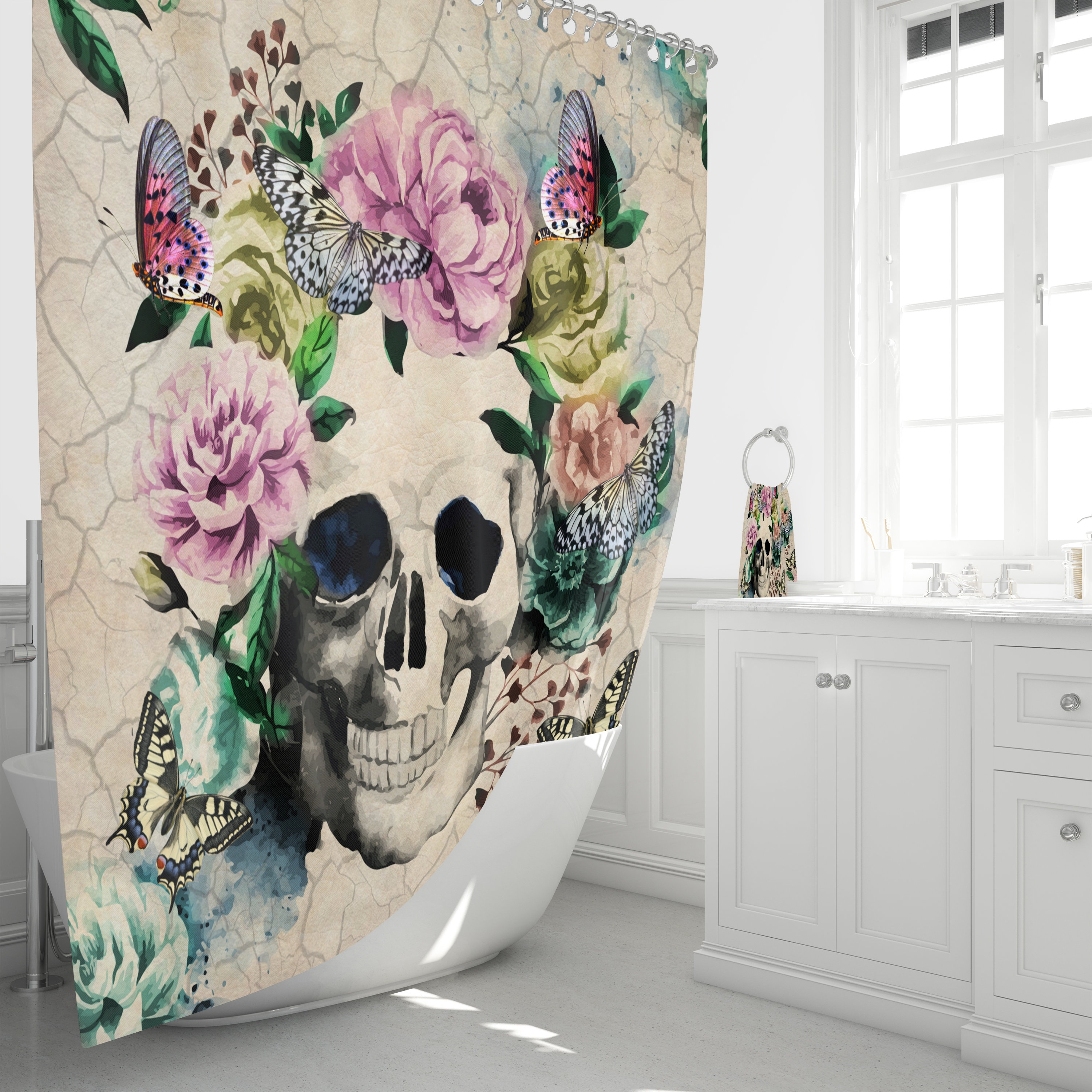 Vintage Inspired Sugar Skull Butterfly Floral Shower Curtain