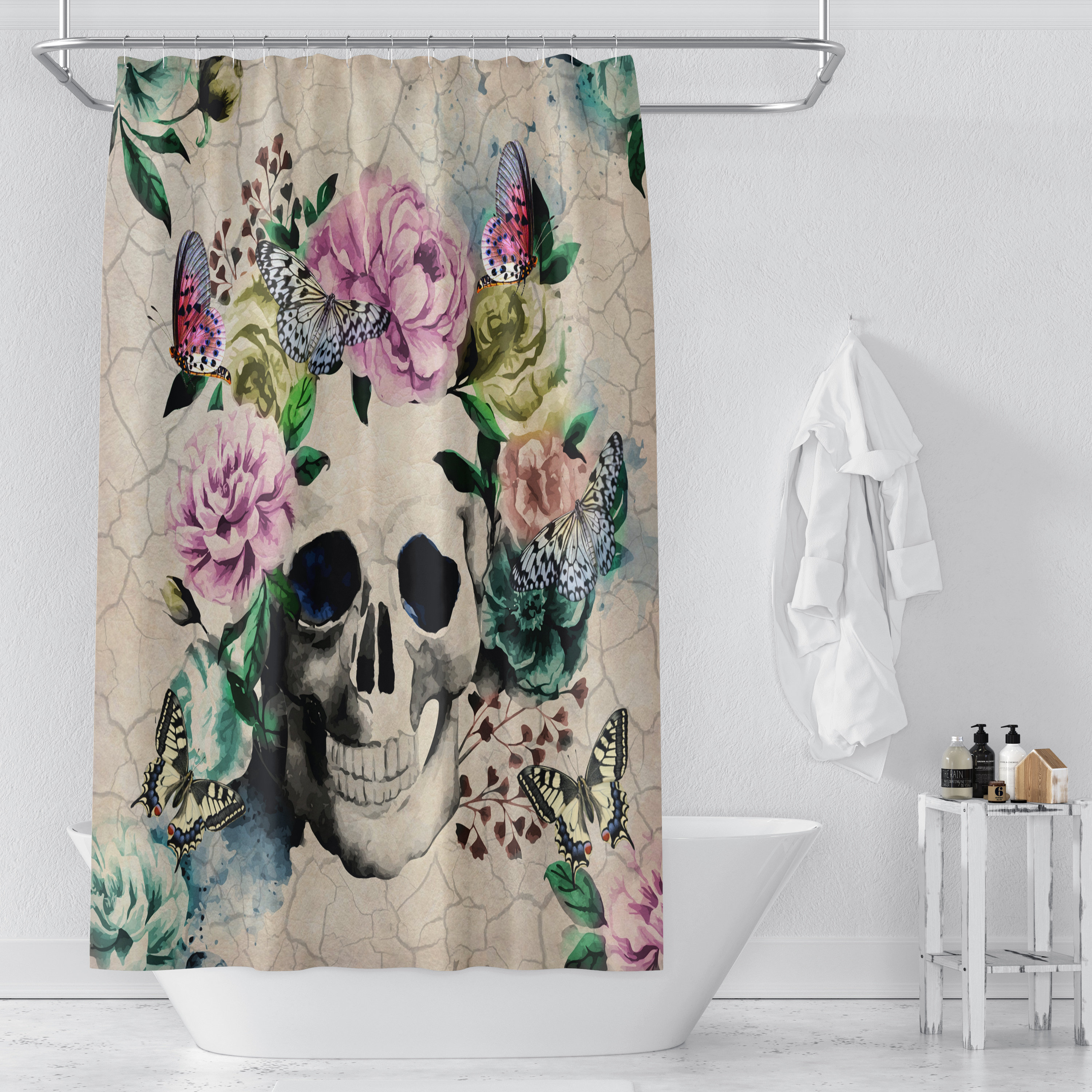 Vintage Inspired Sugar Skull Butterfly Floral Shower Curtain - Image 2