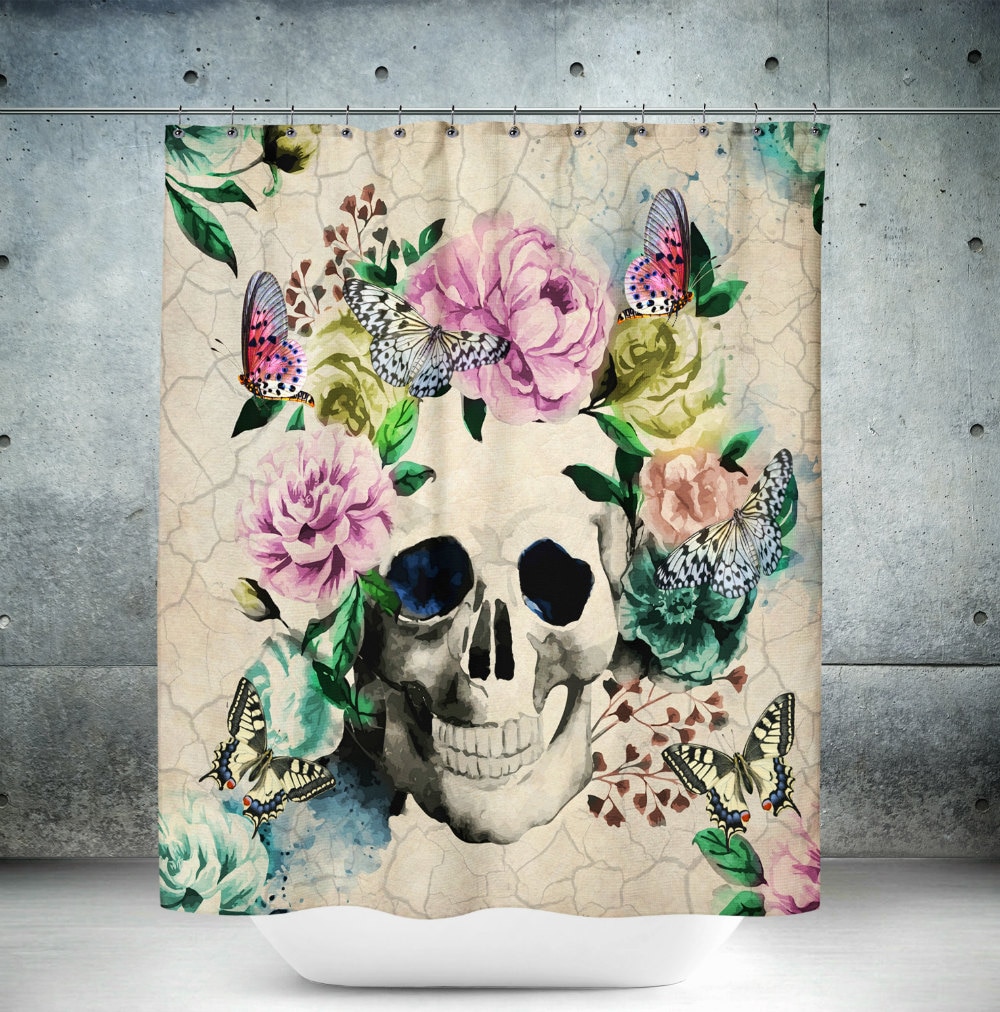 Vintage Inspired Sugar Skull Butterfly Floral Shower Curtain - Image 3