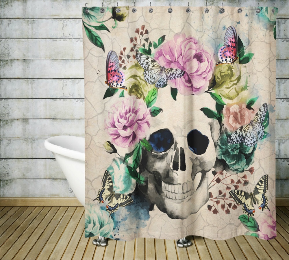 Vintage Inspired Sugar Skull Butterfly Floral Shower Curtain - Image 4