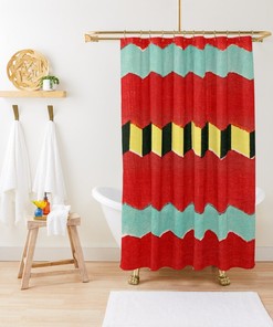 Vintage Japanese Woodblock Boho Shower Curtain with Abstract Art Design - Eco-Friendly and Waterproof - Includes Hooks!