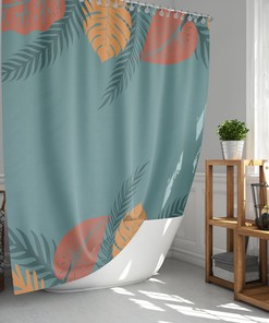 Vintage Leaves Shower Curtain | Orange Yellow Palm Monstera Leaf | Floral Fabric Bathroom Curtain