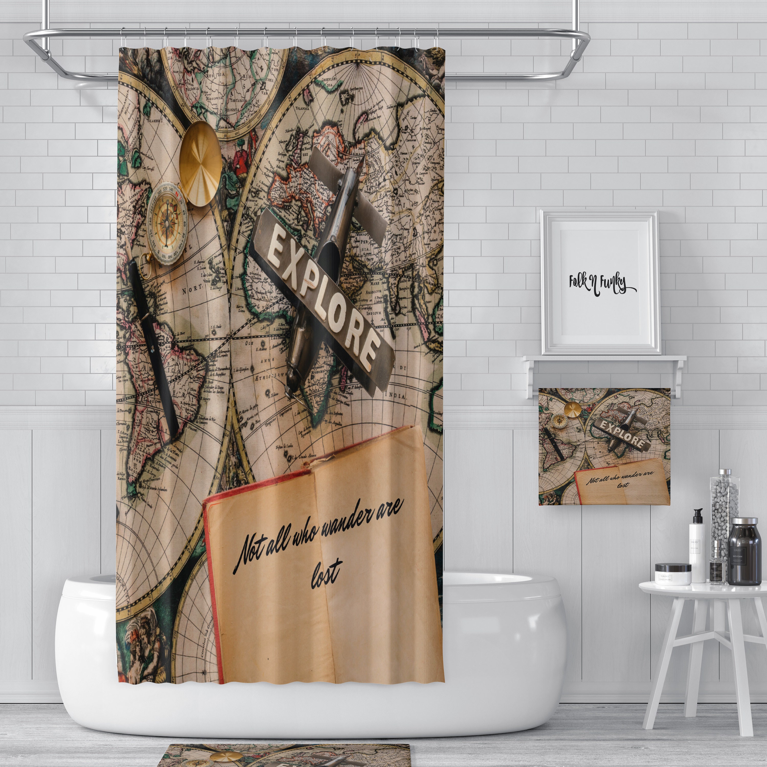 Vintage Map Wanderlust Shower Curtain with Nature-Inspired Bath Set - Image 2