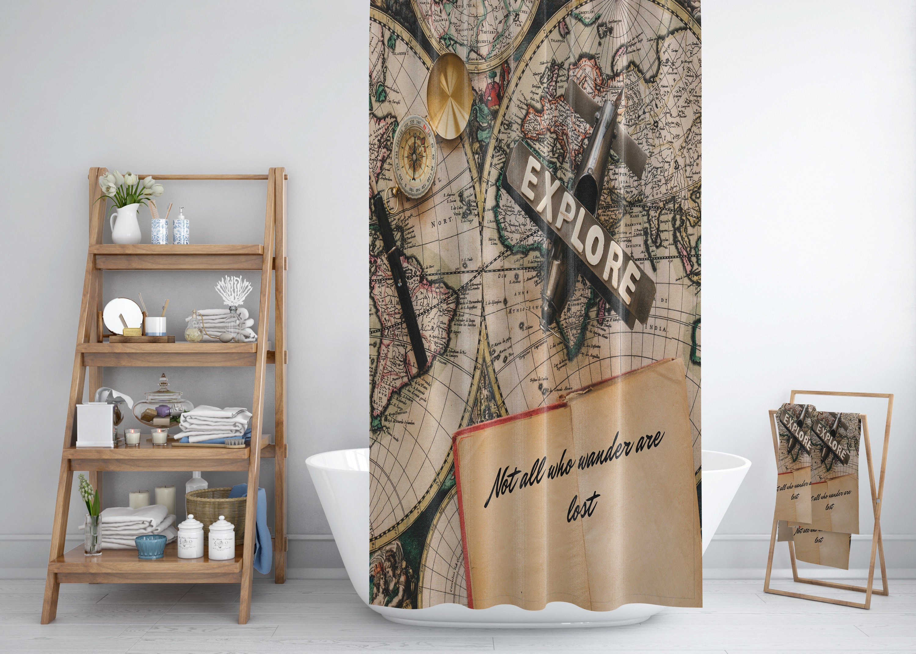 Vintage Map Wanderlust Shower Curtain with Nature-Inspired Bath Set - Image 3