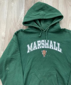 Vintage Marshall University Spell Out Hoodie In Pine Green Full Size Gifts For Fans With T-Shirt Option