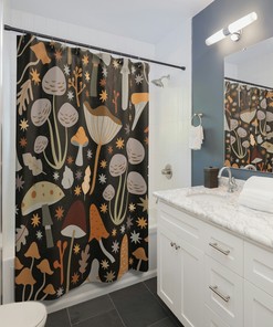 Vintage Mushroom Print Bathroom Curtain, Gothic Midcentury Modern Shower Curtain, Boho Mushroom Shower Curtain