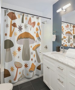 Vintage Mushroom Print Shower Curtain, Gothic Boho Shower Curtain, Midcentury Modern Shower Curtain