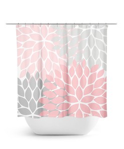 Vintage Pink and Gray Floral Shower Curtain, Retro Style Bath Curtain for Girls Bathroom with Unique Design