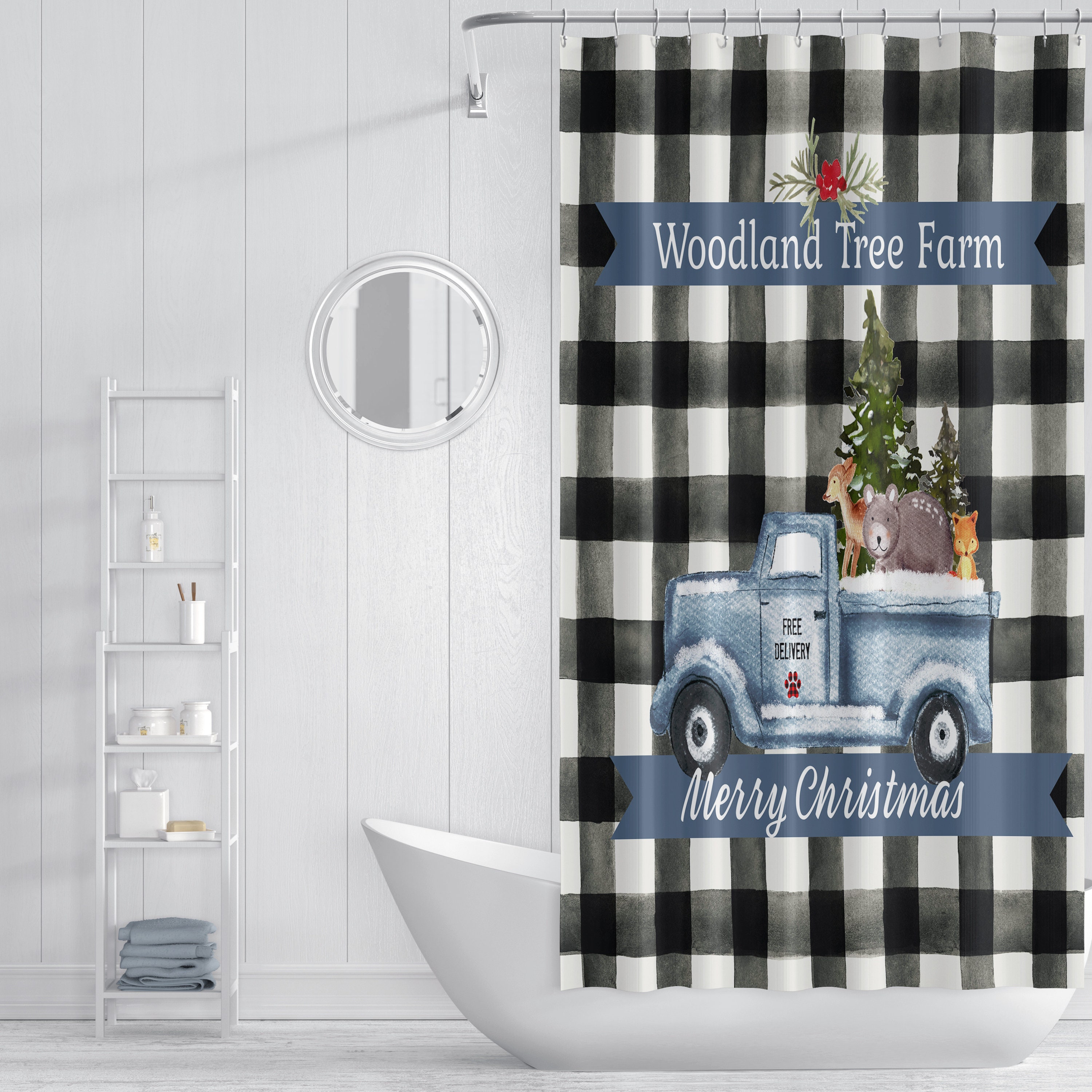 Vintage Red Truck Christmas Shower Curtain with Holiday Bathroom Decor - Image 2