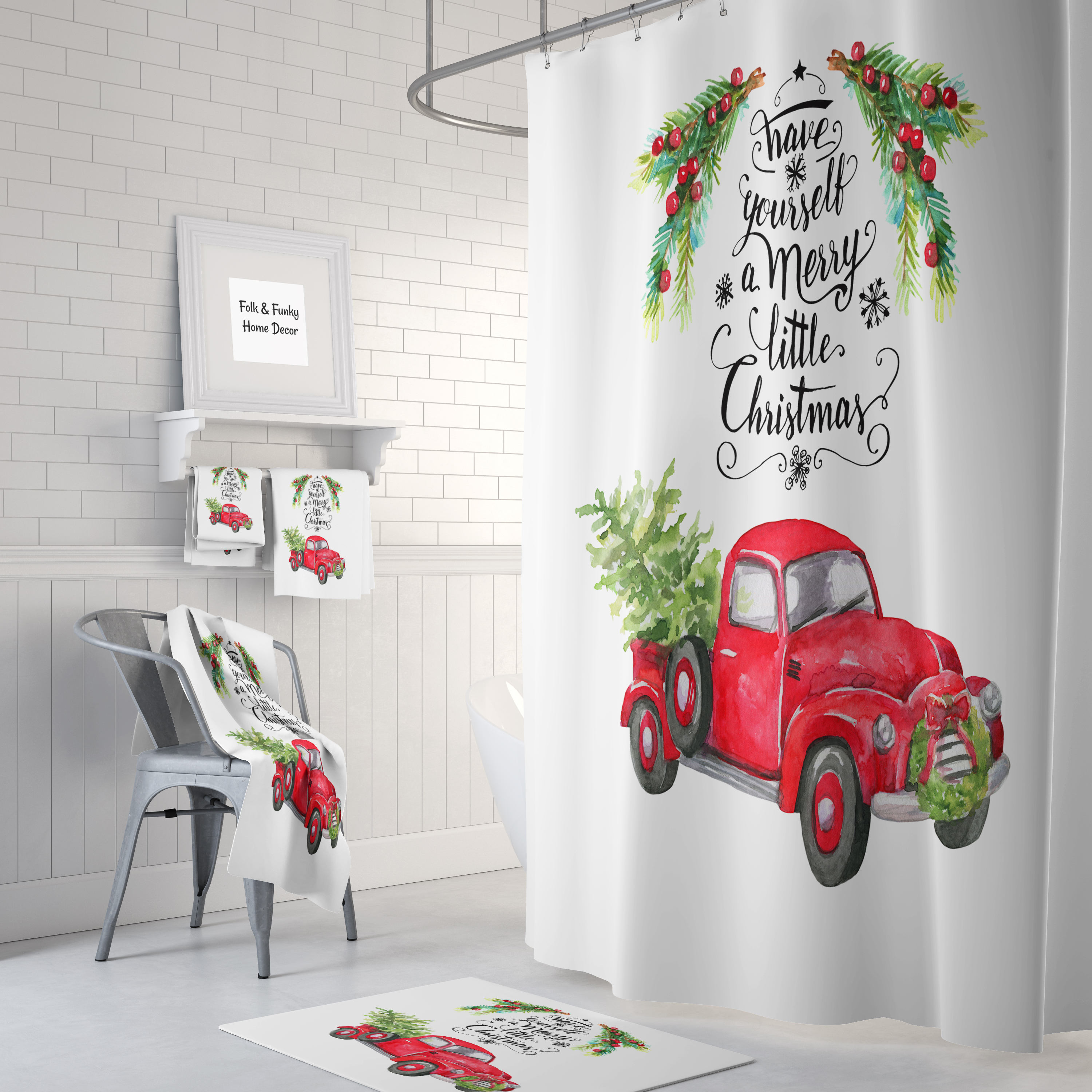 Vintage Red Truck Christmas Shower Curtain with Plaid Holiday Bathroom Decor