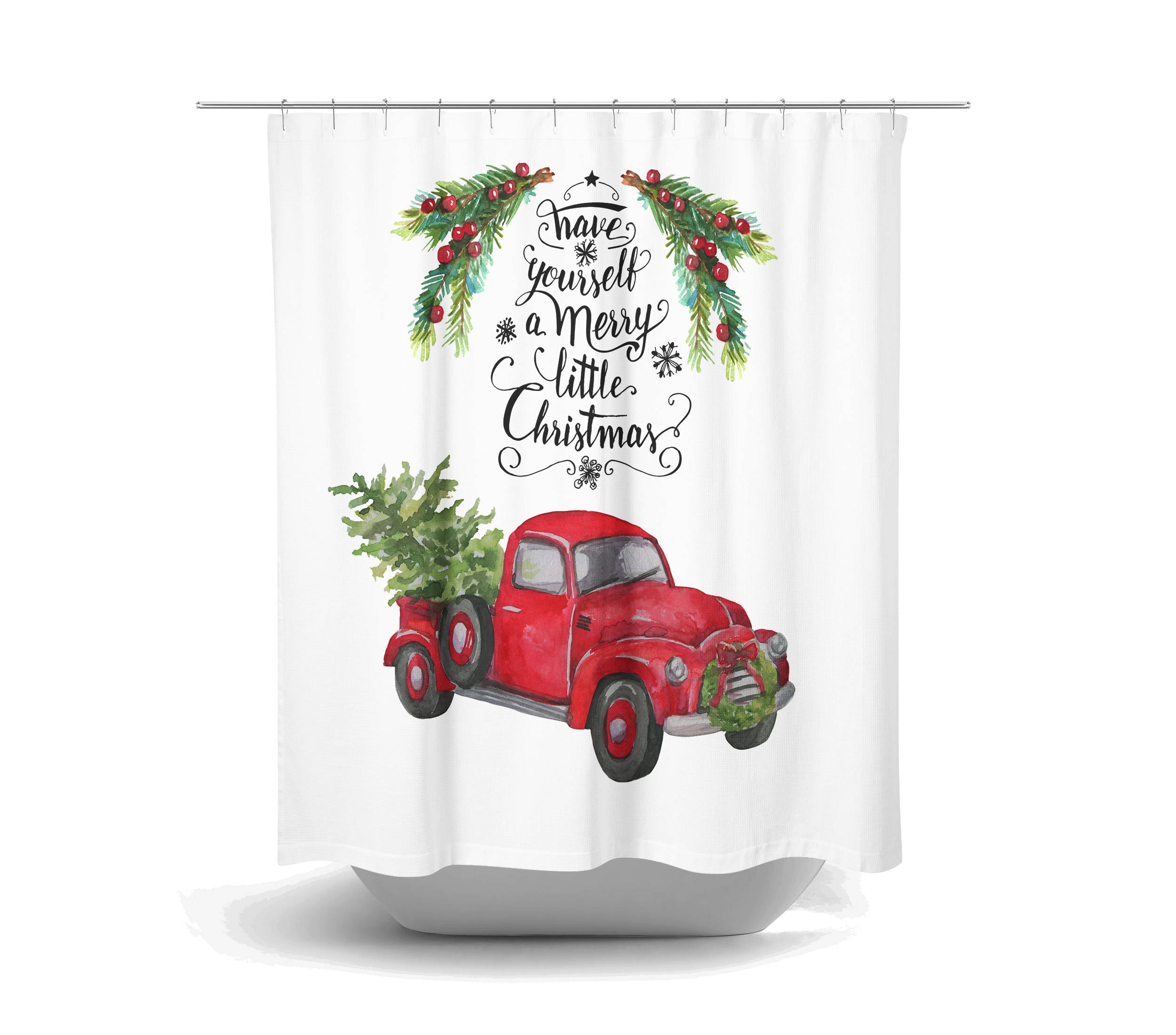 Vintage Red Truck Christmas Shower Curtain with Plaid Holiday Bathroom Decor - Image 2