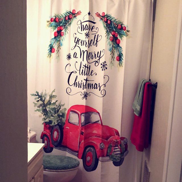 Vintage Red Truck Christmas Shower Curtain with Plaid Holiday Bathroom Decor - Image 3