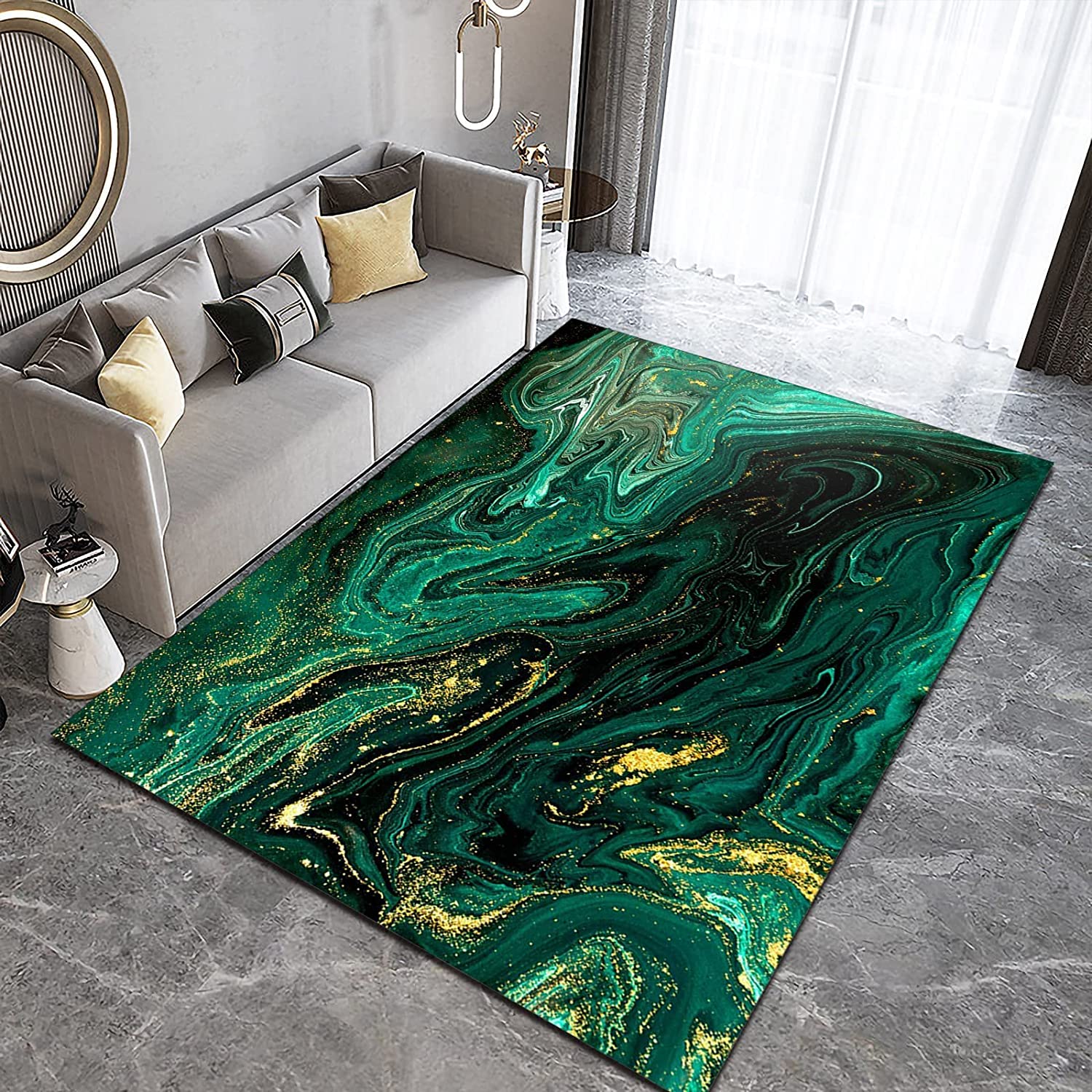 Vintage Style Dark Green Gold Marble Kids, Non-Slip Machine Washable Large Rug with Vintage 70s Area Rug