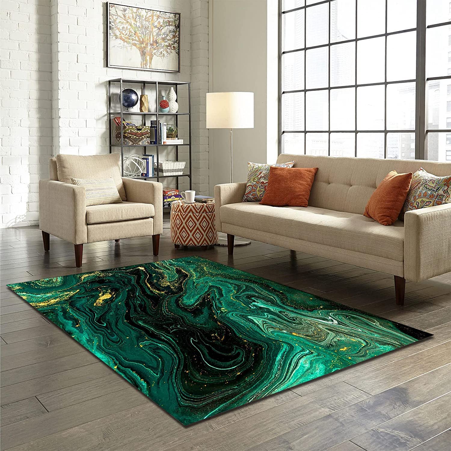 Vintage Style Dark Green Gold Marble Kids, Non-Slip Machine Washable Large Rug with Vintage 70s Area Rug - Image 3