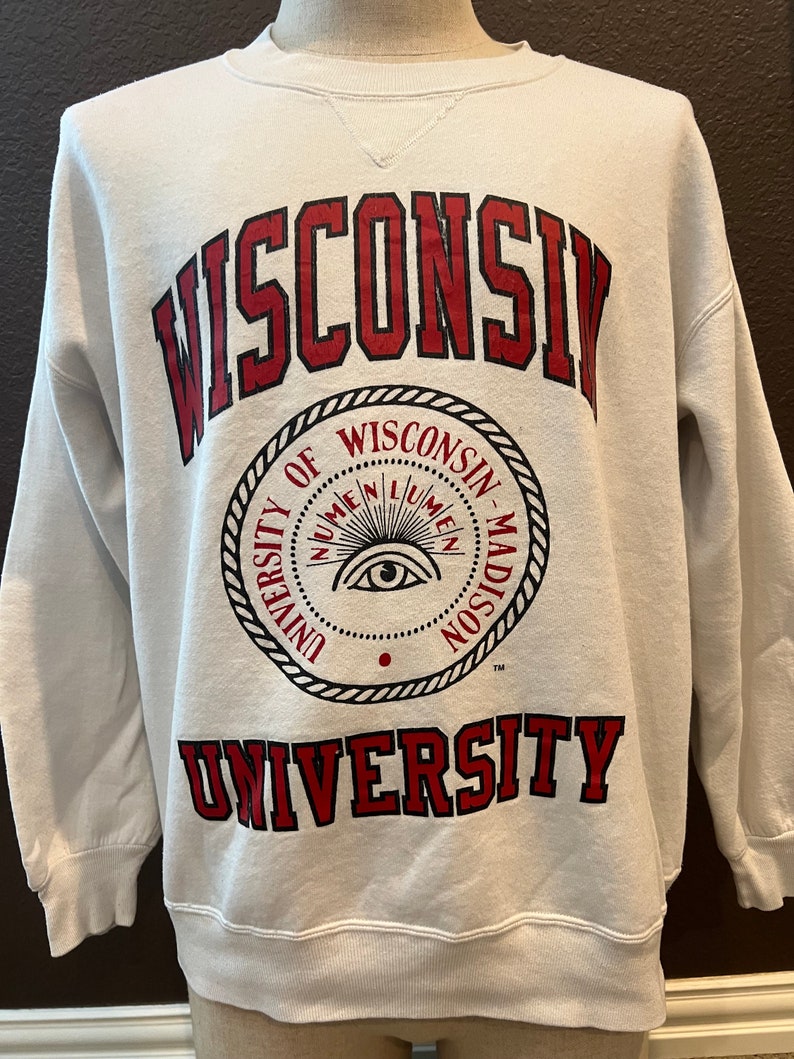 Vintage Style Wisconsin University White Crewneck Sweatshirt - Image 2