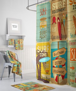 Vintage Surfer Advertising Shower Curtain | Beach Theme Bath Decor | Retro Design Optional Bath Towels & Mat