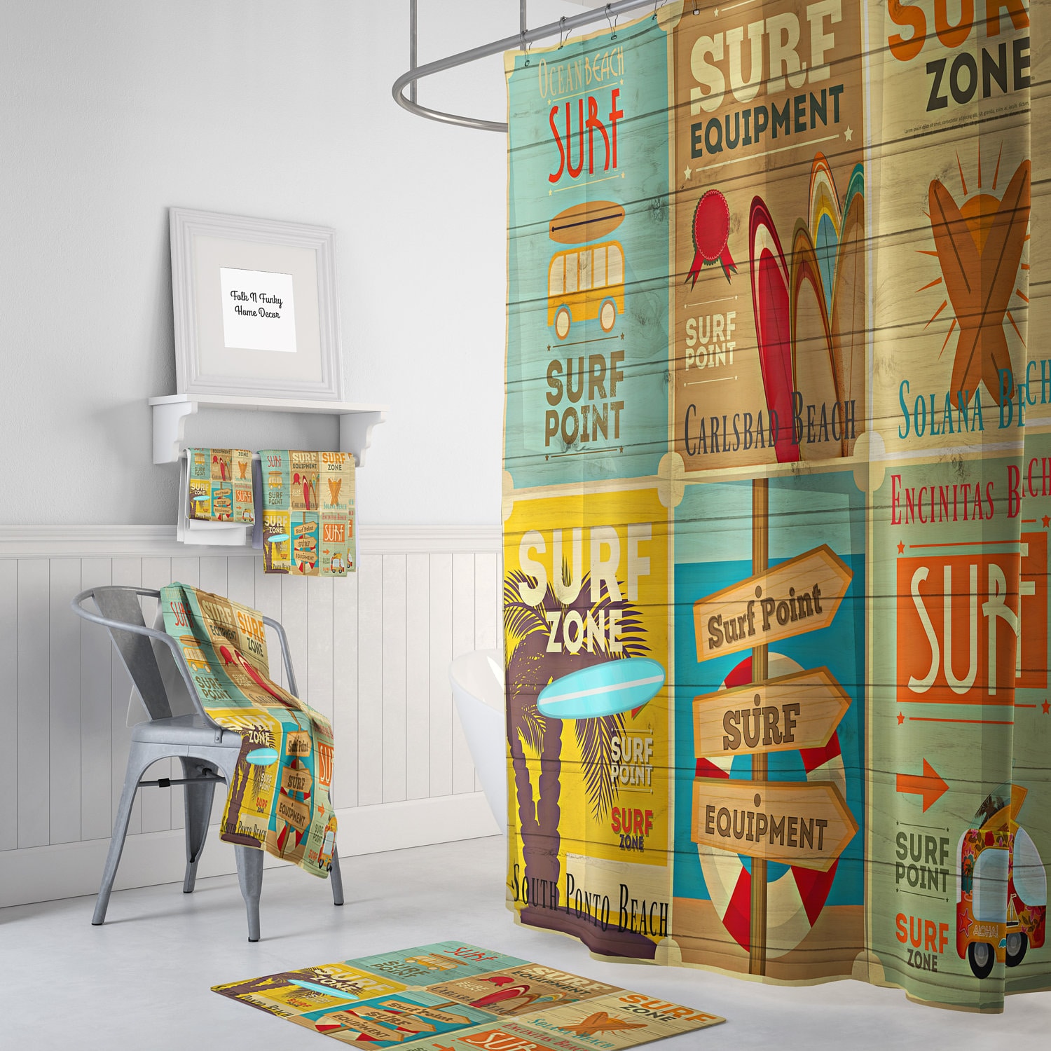 Vintage Surfer Advertising Shower Curtain | Beach Theme Bath Decor | Retro Design Optional Bath Towels & Mat