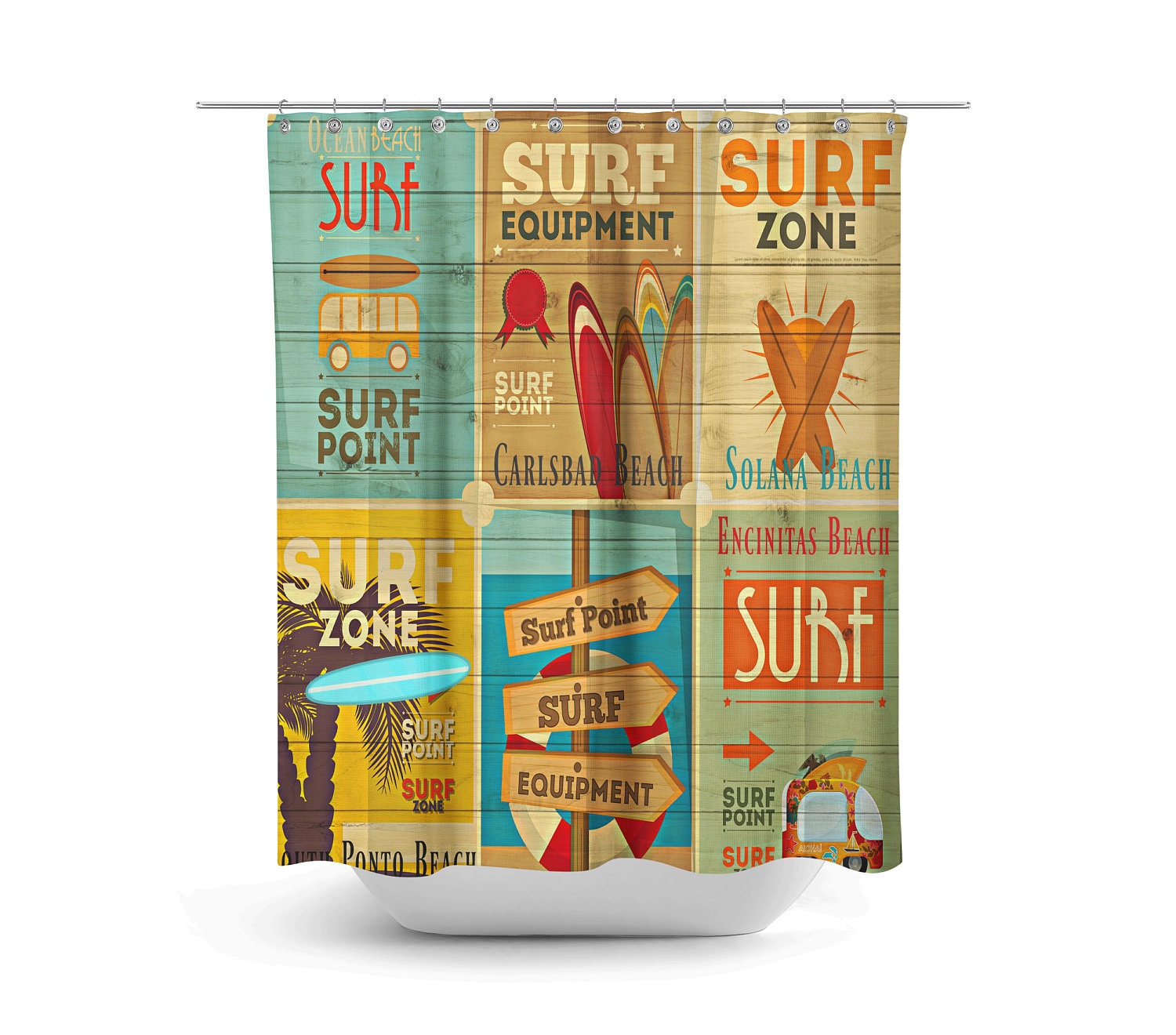 Vintage Surfer Advertising Shower Curtain | Beach Theme Bath Decor | Retro Design Optional Bath Towels & Mat - Image 2