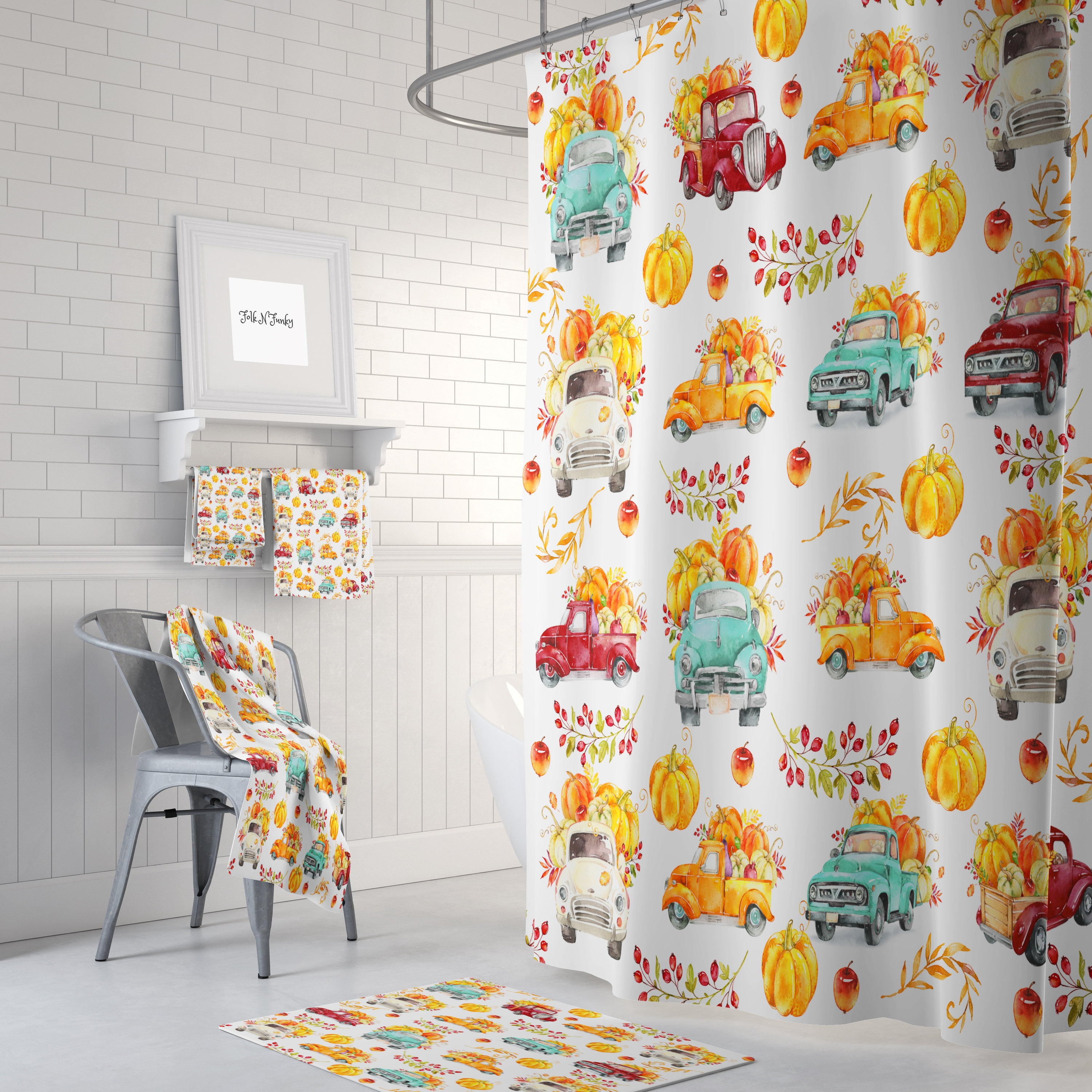 Vintage Trucks Shower Curtain Set with Rustic Bath Decor - Image 2