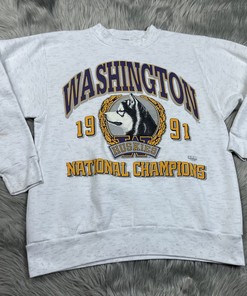Vintage Uw Huskies Washington Heathered 1991 Champions Crewneck Sweater, Ncaa Washington Shirts