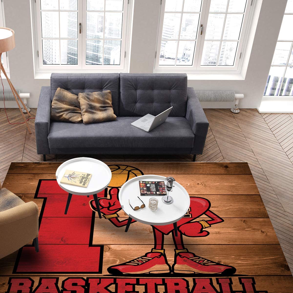 Vintage Wooden Plank Basketball Area Rug - Washable Home Decor with a Vintage Basketball Design