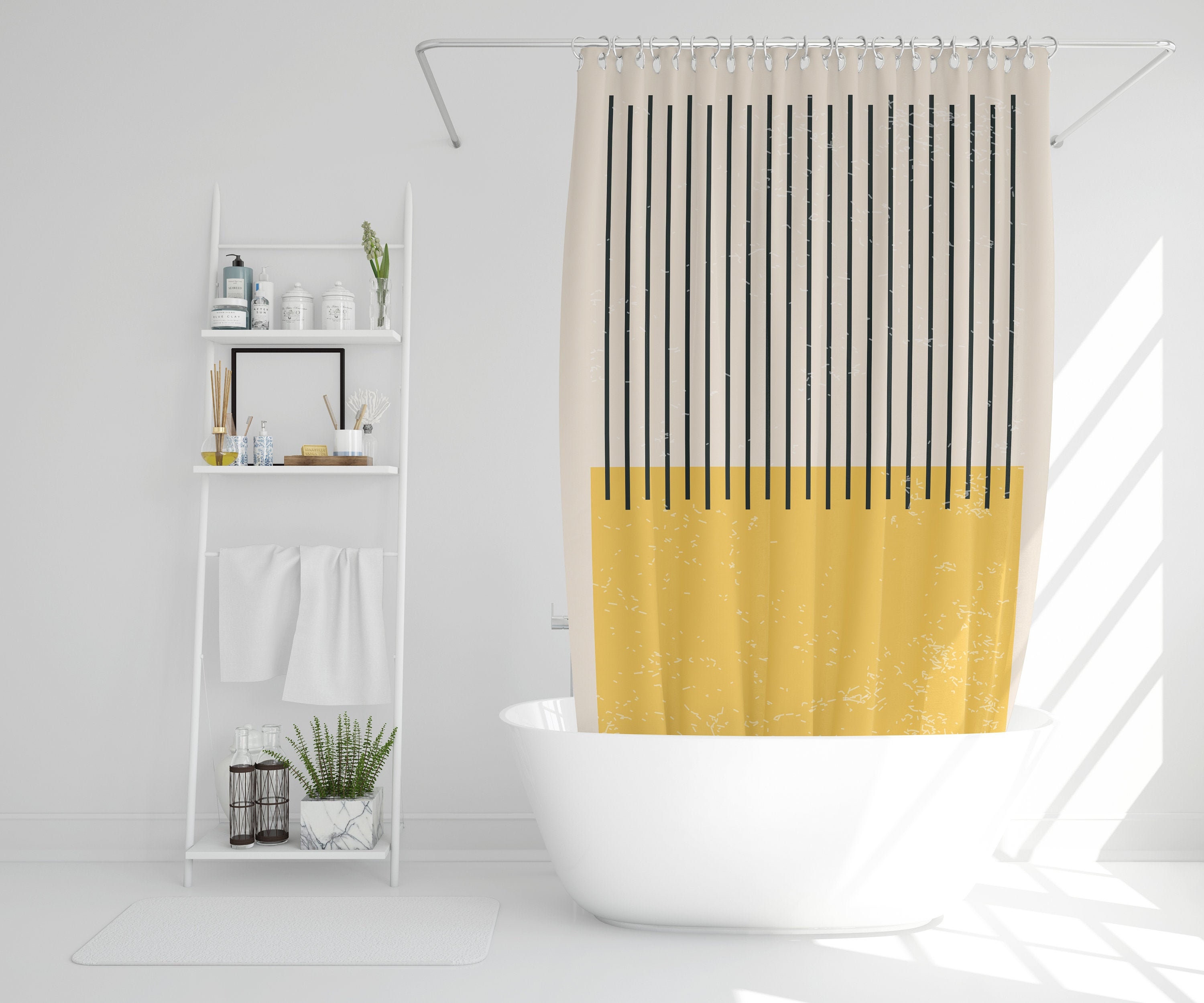 Vintage Yellow Lines Boho Shower Curtain with Abstract Art Design - Eco-Friendly and Waterproof