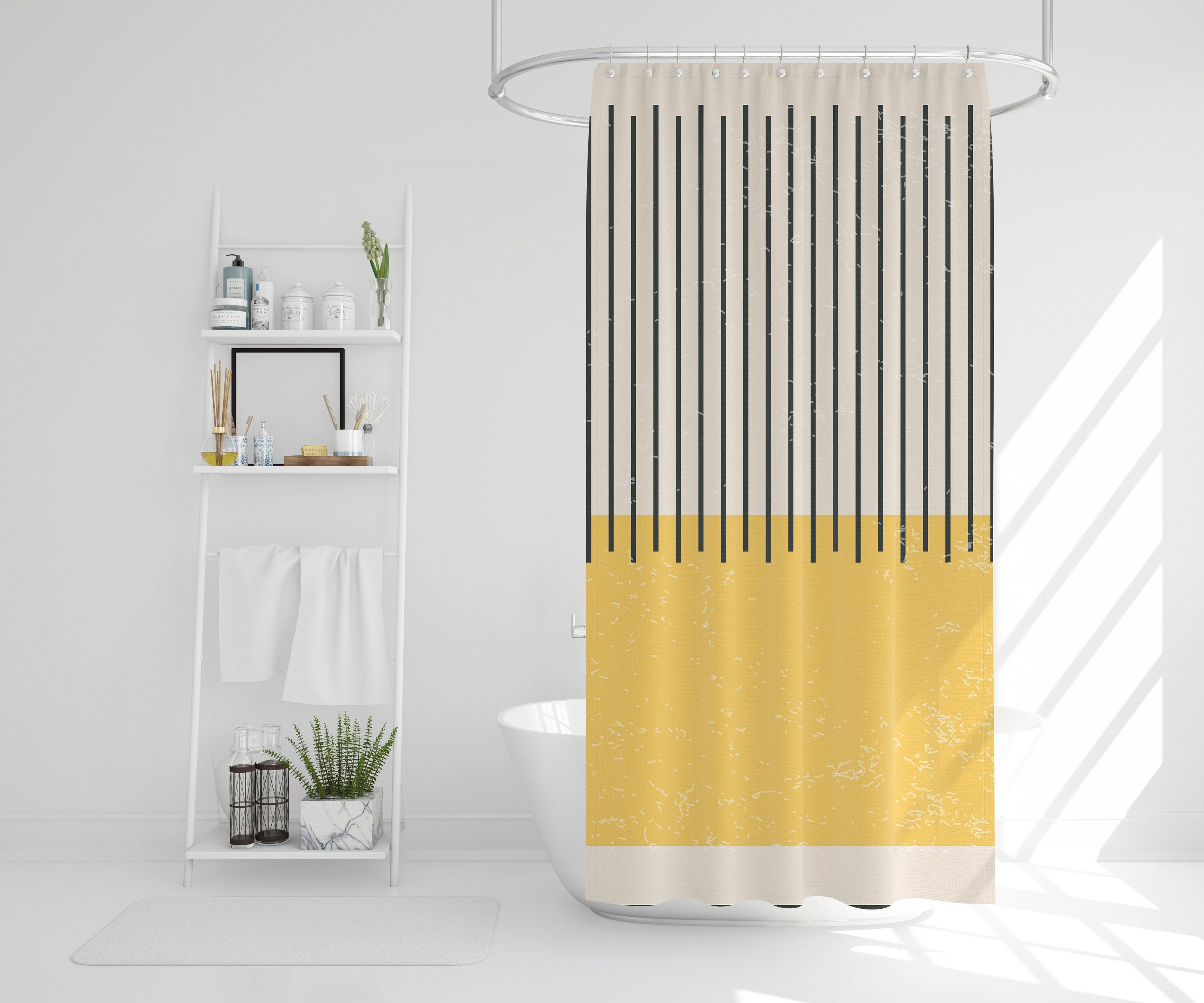 Vintage Yellow Lines Boho Shower Curtain with Abstract Art Design - Eco-Friendly and Waterproof - Image 2