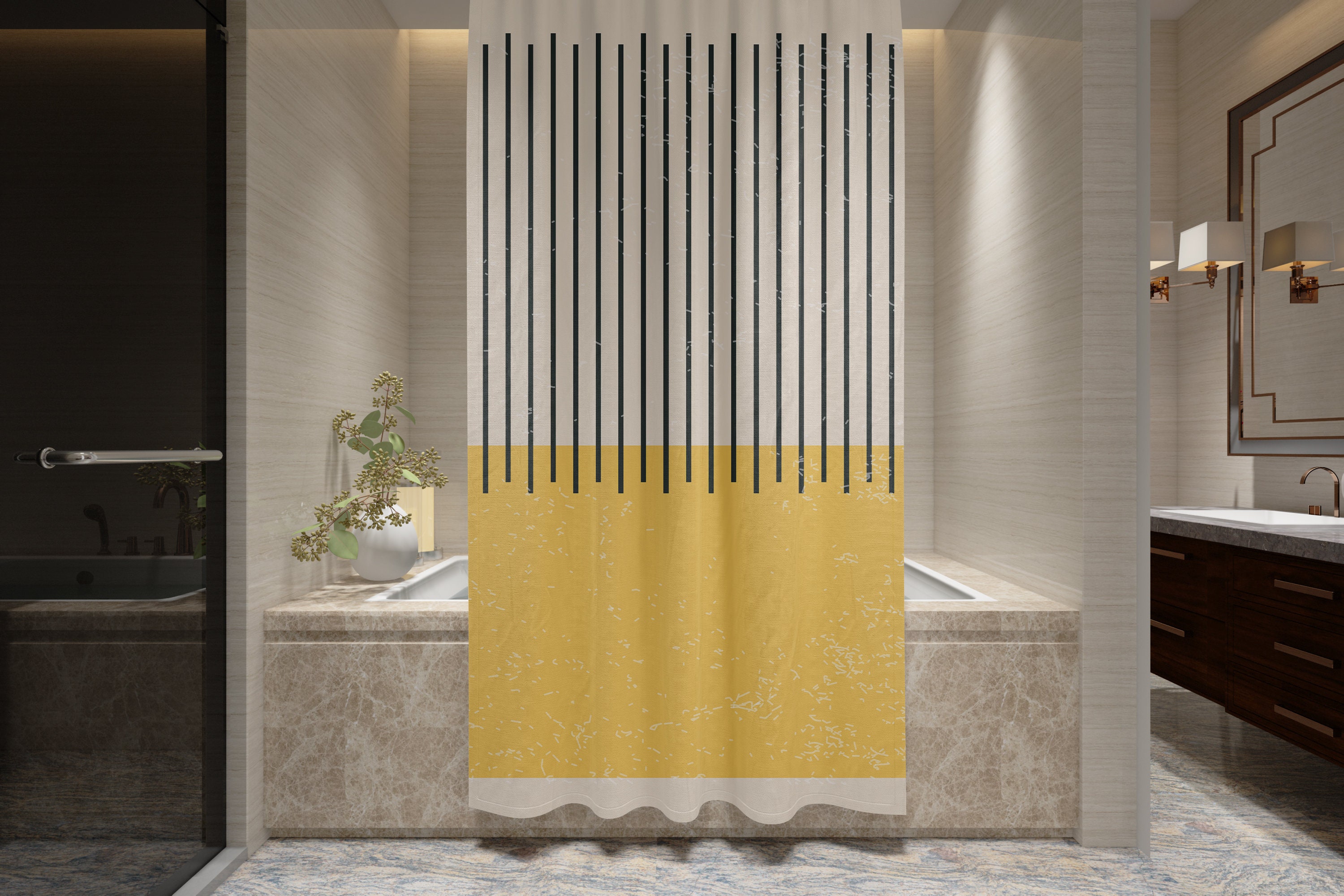 Vintage Yellow Lines Boho Shower Curtain with Abstract Art Design - Eco-Friendly and Waterproof - Image 3