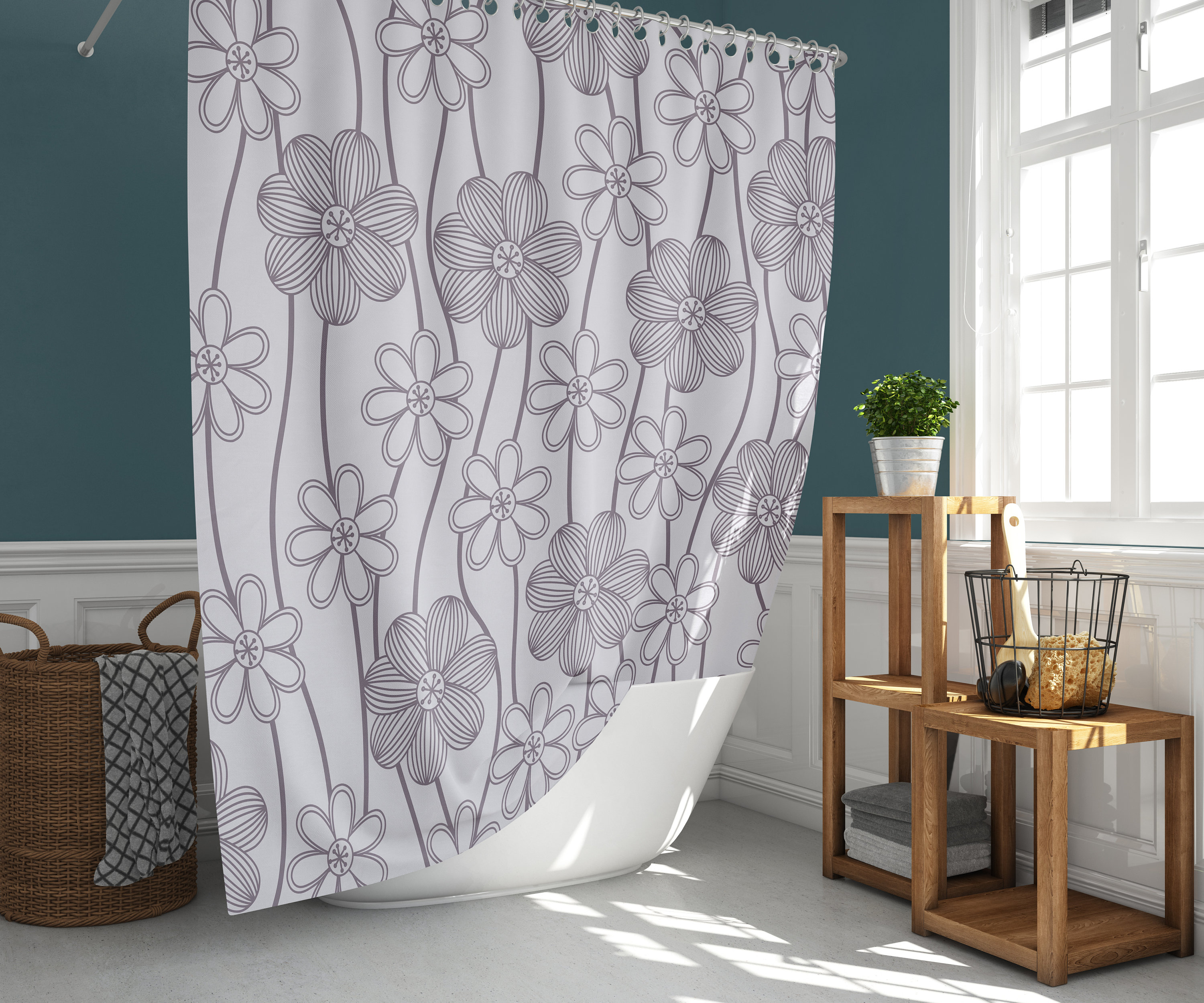 Violet Floral Shower Curtain | Garden Flowers Fabric Bathroom Curtain | Home Bath Decor Colorful Shower Curtains