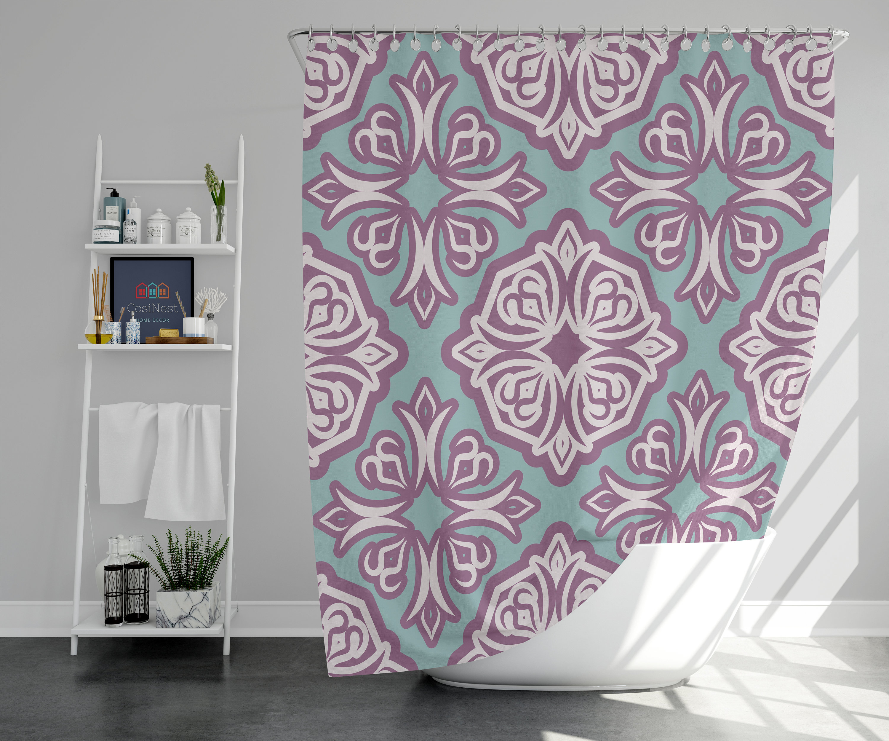 Violet Flower Shower Curtain | Classic Mandala Vintage Floral | Fabric Bathroom Curtain | Graphic Purple