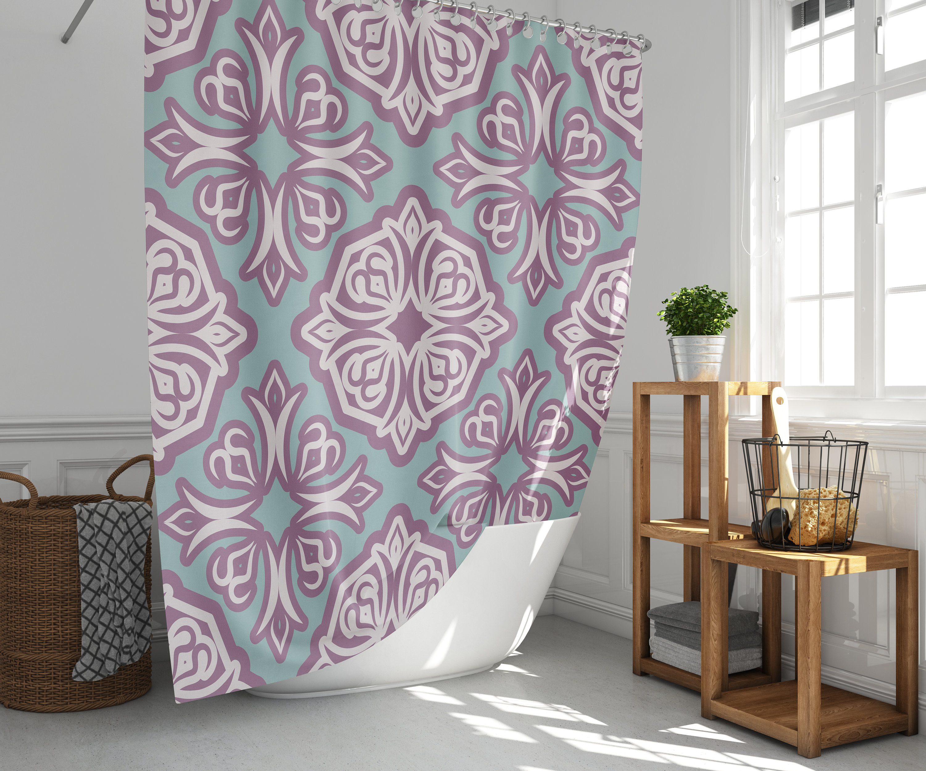 Violet Flower Shower Curtain | Classic Mandala Vintage Floral | Fabric Bathroom Curtain | Graphic Purple - Image 2