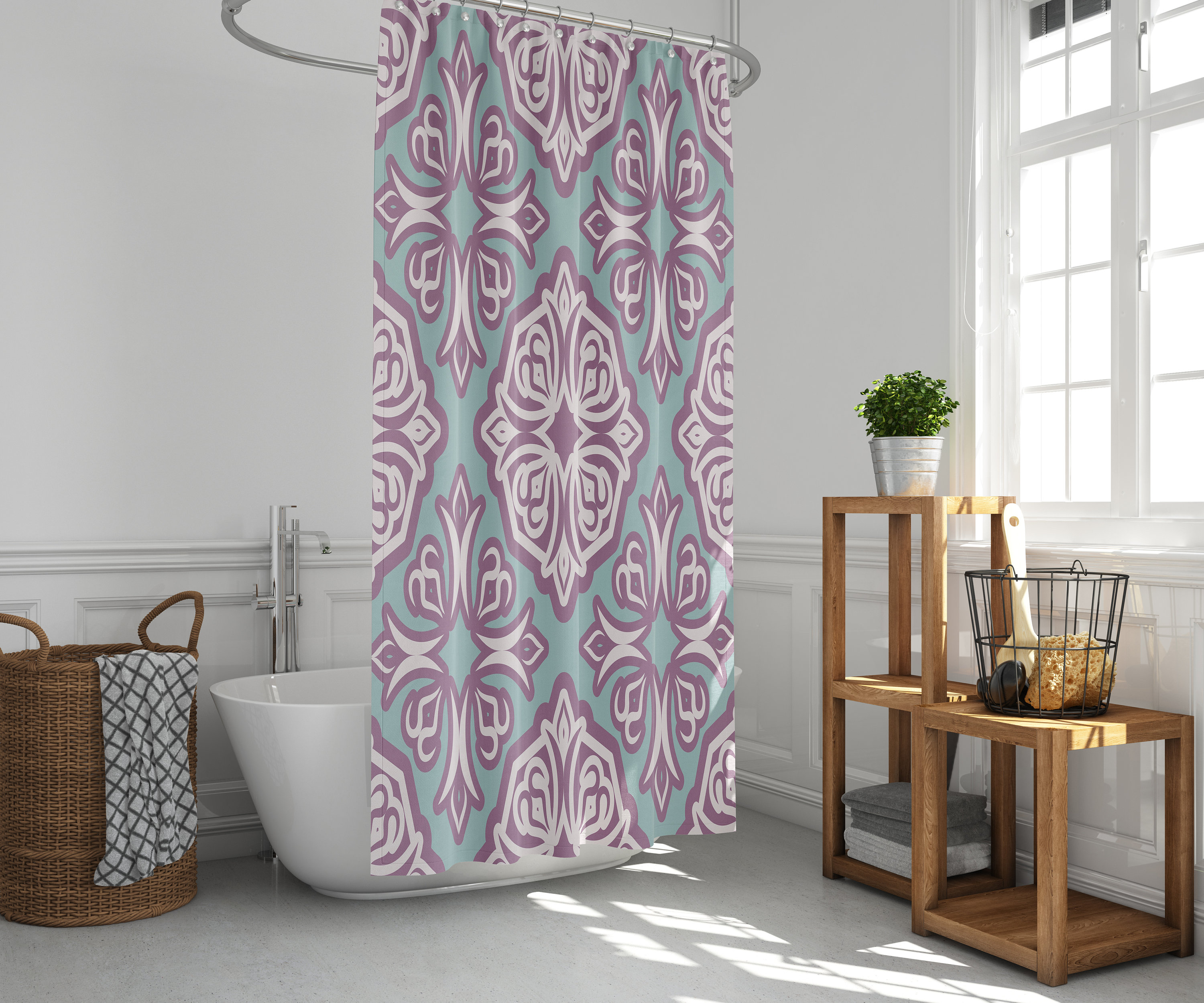 Violet Flower Shower Curtain | Classic Mandala Vintage Floral | Fabric Bathroom Curtain | Graphic Purple - Image 3