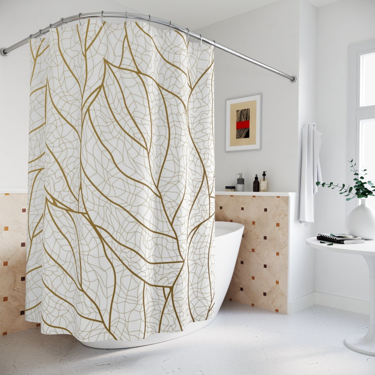 Warm Earth Gold Leaf Tropical Leaves Abstract Art Shower Curtain or Mat, Contemporary Design for Bathroom Decor