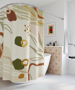 Warm Earth Tones Farm Shower Curtain, Lakehouse Leaves Design, Contemporary Abstract Art Curtain for Bathroom Decor