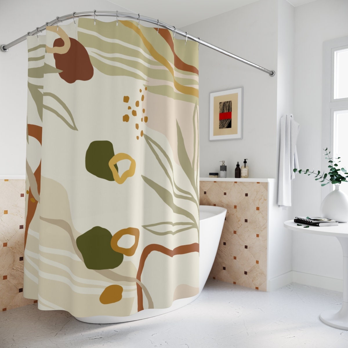 Warm Earth Tones Farm Shower Curtain, Lakehouse Leaves Design, Contemporary Abstract Art Curtain for Bathroom Decor