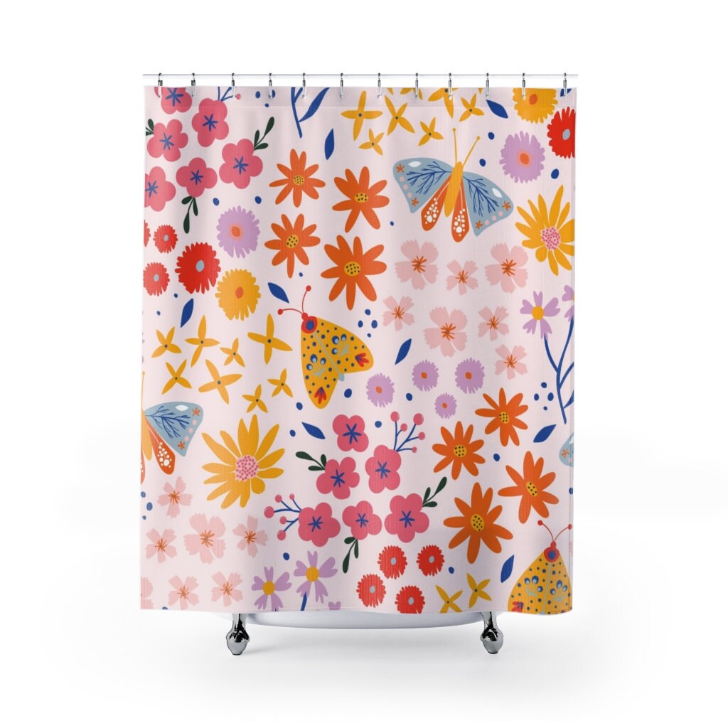 Warm Flower Butterfly Shower Curtain for a Spring Art Bathroom