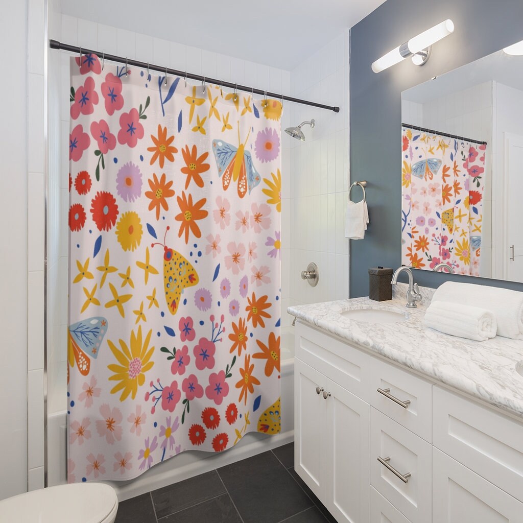 Warm Flower Butterfly Shower Curtain for a Spring Art Bathroom - Image 2