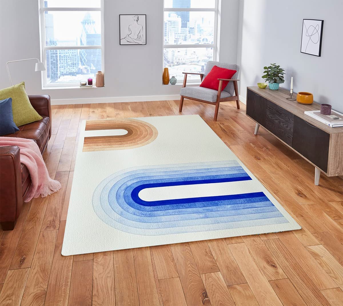 Washable Soft Wool Shag Area Rug - Non-Slip Beige Blue Brown Modern Abstract Art Deco with Large 70s Rug - Image 2