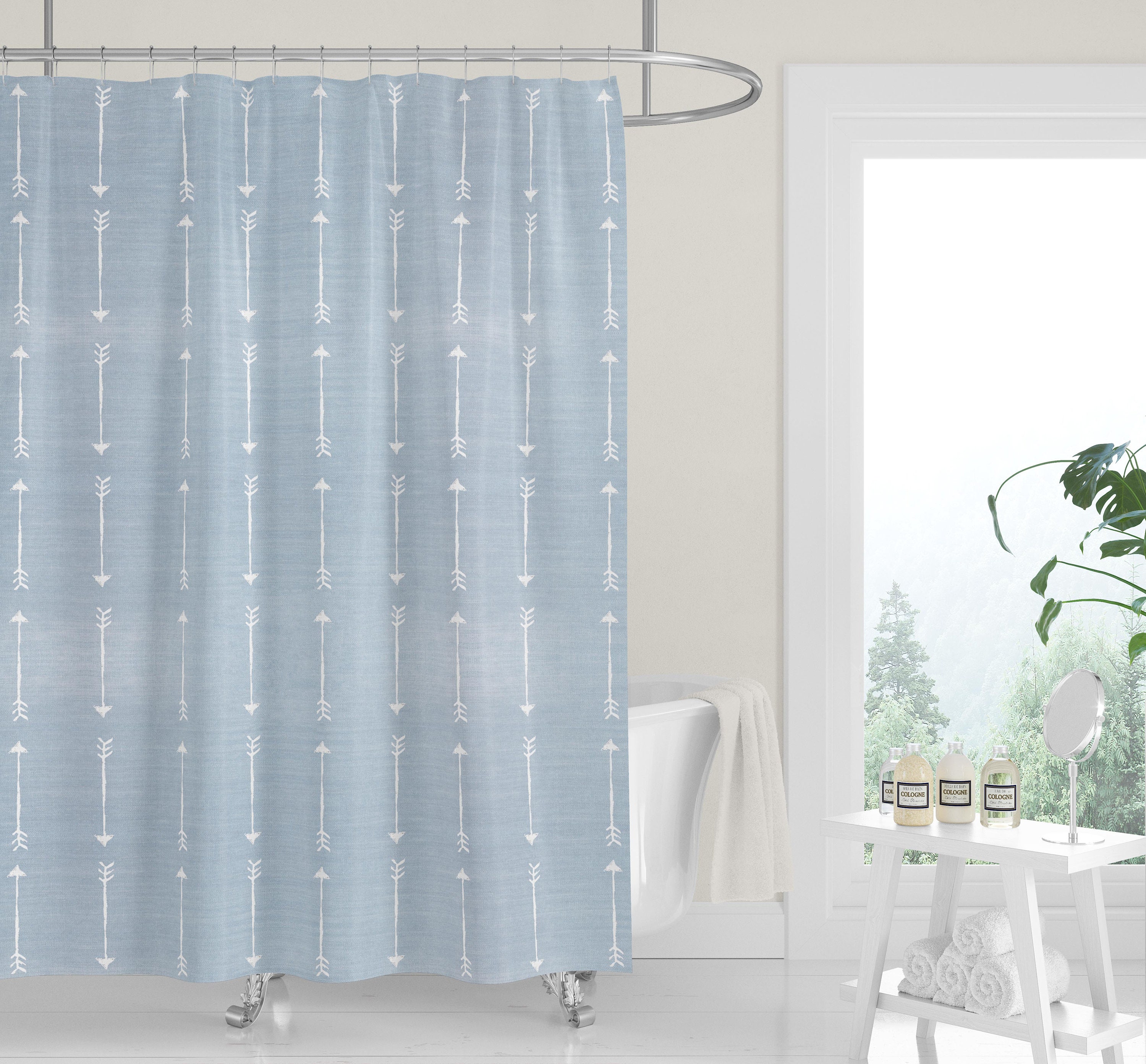 Washed Blue Denim Shower Curtain with Neutral White Arrows for a Simple Country Western Bath Decor - Image 2