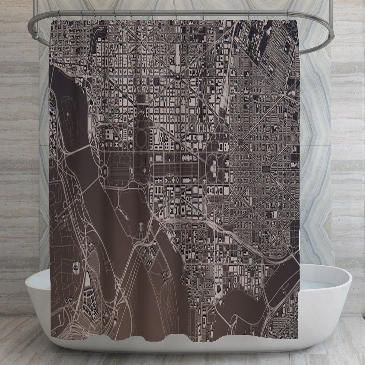 Washington DC Map Shower Curtain | Cityscape Industrial Bath Decor | Cool Bathroom Curtains